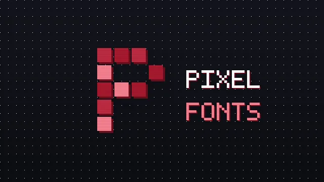 Pixel styled lettering rendered as crimson and white blocks on a dark grid